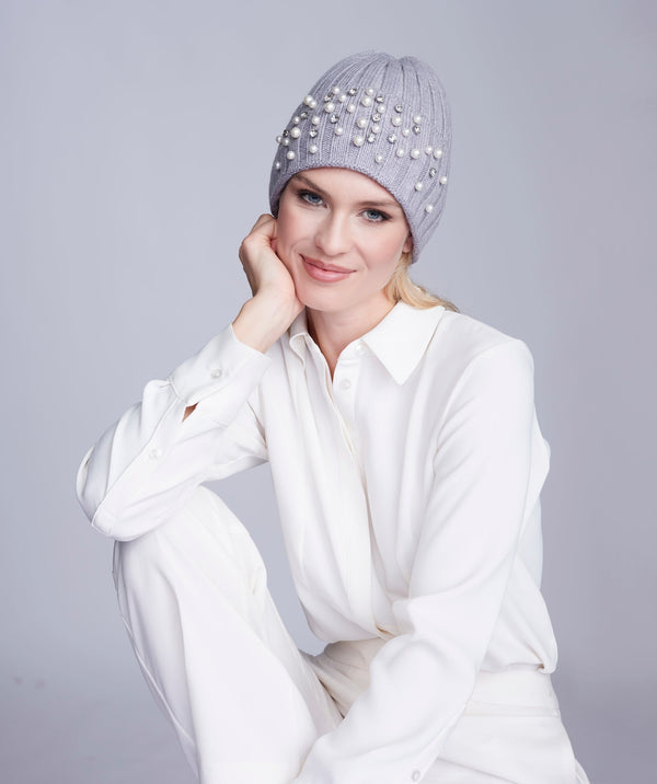 Christian - Silver Grey Chunky Knit Hat with Pearl Embellishments