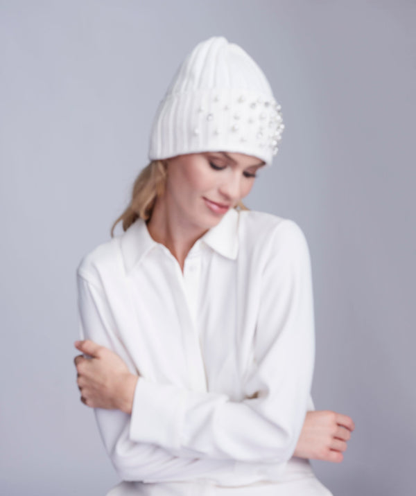 Christian - Winter White Chunky Knit Hat with Pearl Embellishment