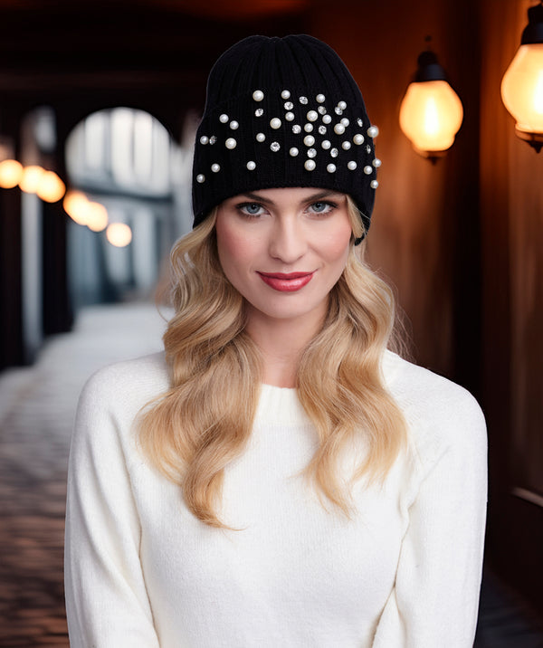 Christian - Black Chunky Knit Hat with Pearl Embellishments