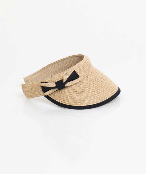 Claudia - Natural Black Straw Sun Visor with Bow