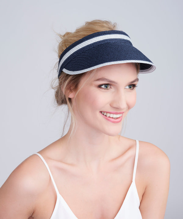 Cohen - Navy Straw Sun Visor with Silver Metallic Stripe