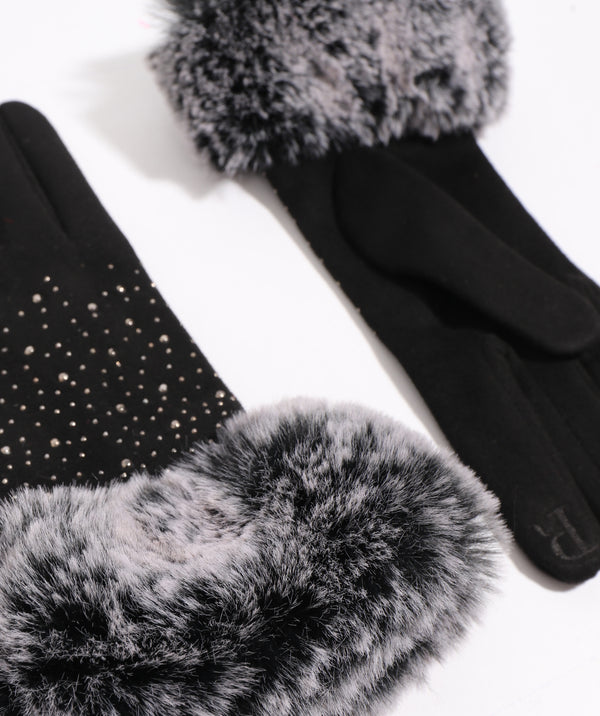 Damson - Black Embellished Fabric Glove with Faux Fur Cuff