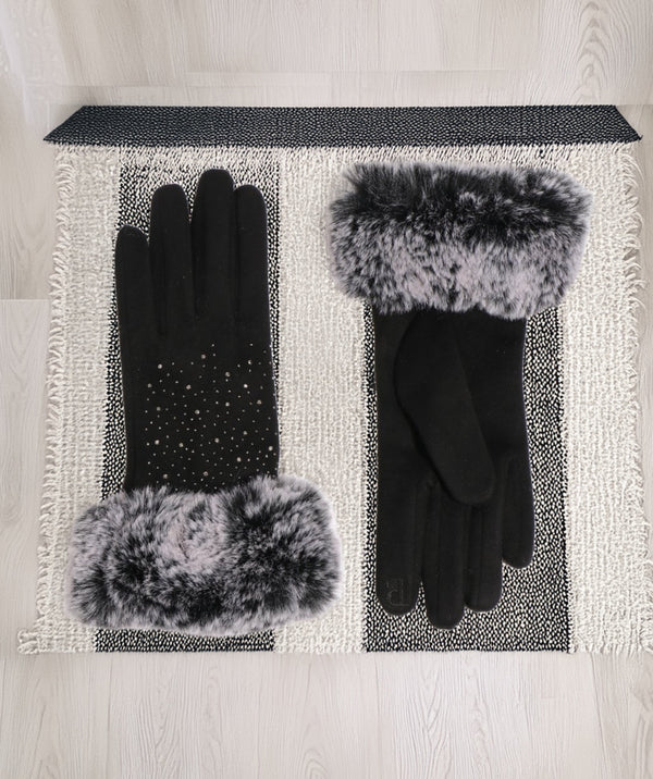 Damson - Black Embellished Fabric Glove with Faux Fur Cuff