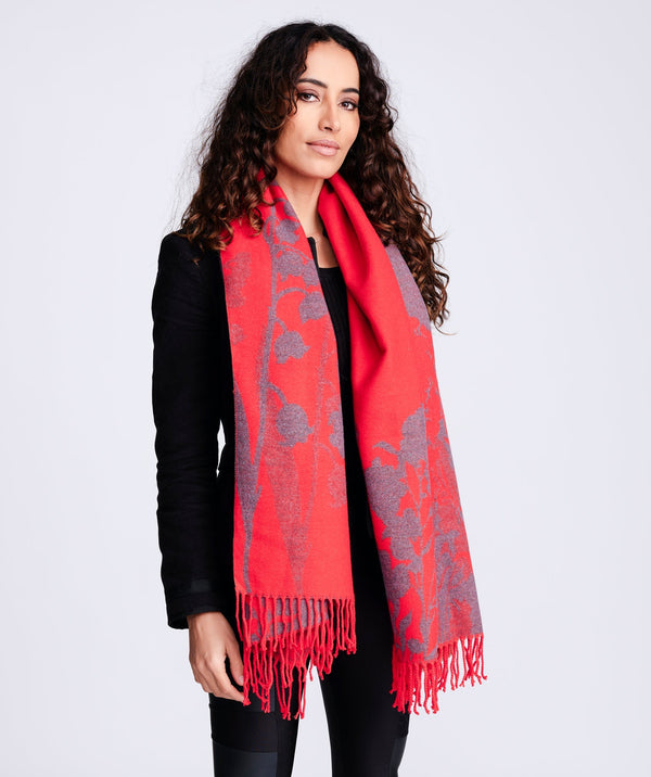 Floral Leaf Print Scarf - Red - Accessories, Daniella, Red, Scarf, Winter Accessories