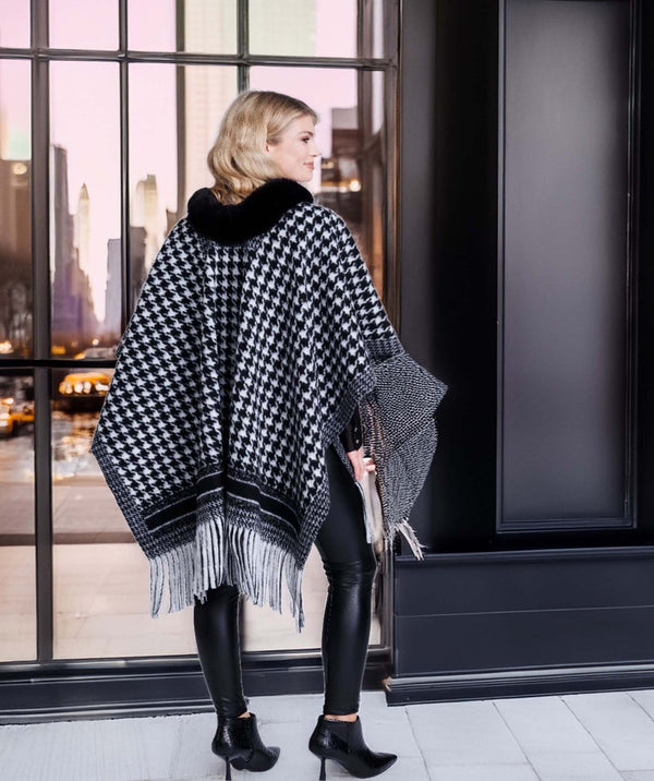 Dante - Black/White Houndstooth Fringed Wrap with Faux Fur Collar