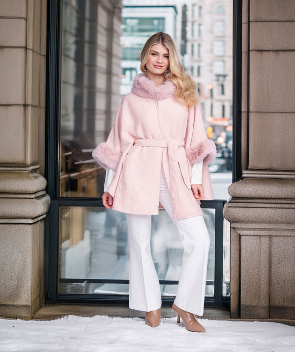 Dawn - Blush Pink Cape with Faux Fur Trim