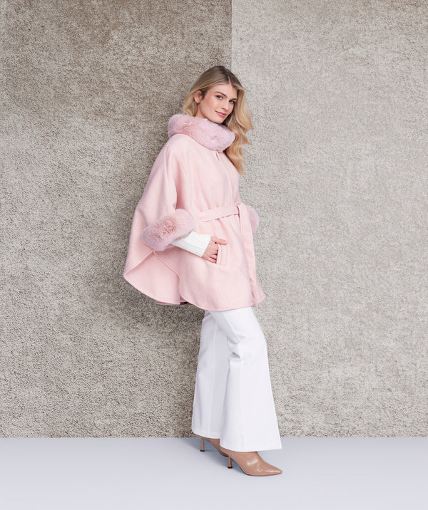 Dawn - Blush Pink Cape with Faux Fur Trim