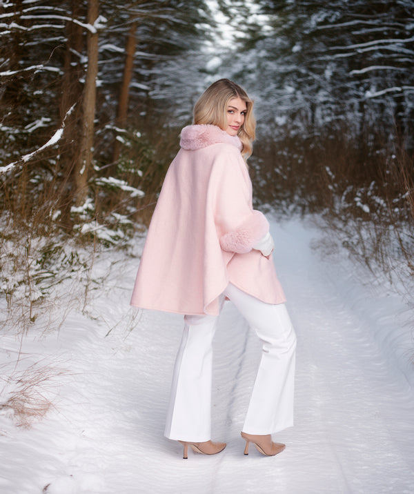 Dawn - Blush Pink Cape with Faux Fur Trim
