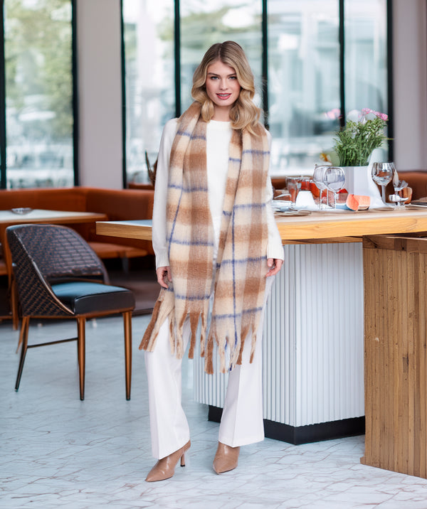 Dixie - Beige Check Oversized Winter Scarf
