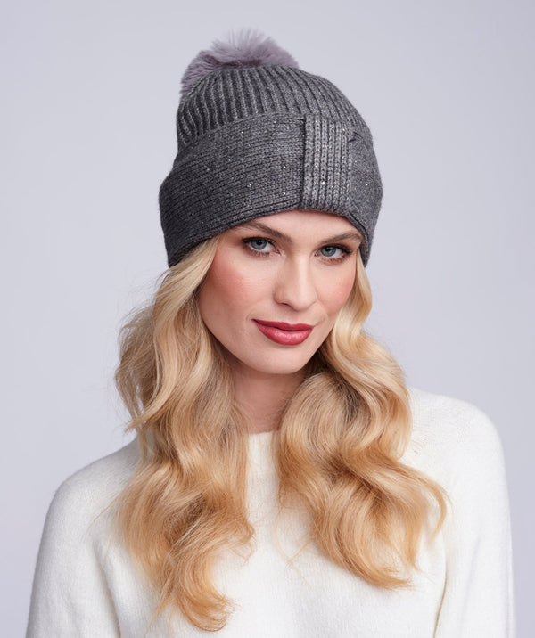 Drew - Silver Grey Diamante Embellished Beanie Hat with Pom Pom