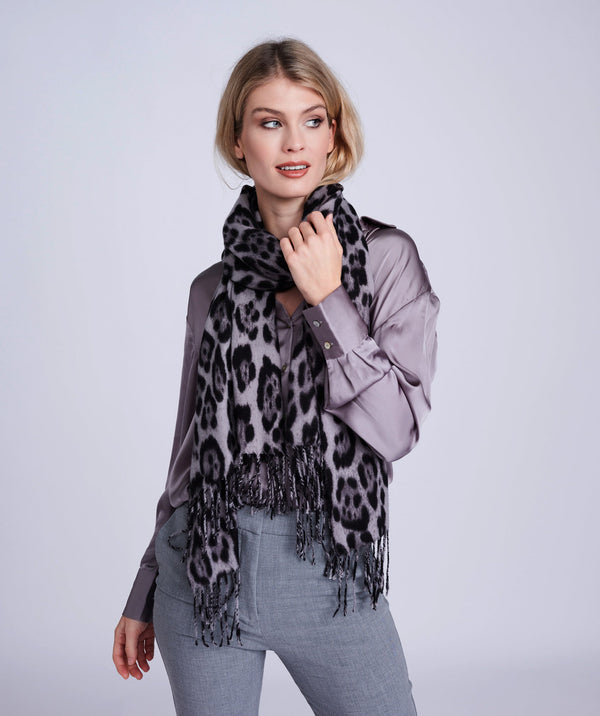 Eboni - Grey Leopard Print Cashmere Feel Winter Scarf