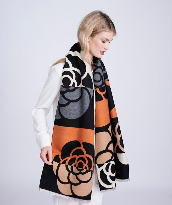 Eden - Black and Orange Oversized Floral Print Scarf