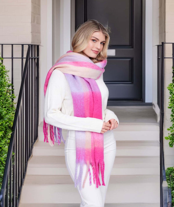 Elaine - Pink Checked Oversized Winter Scarf