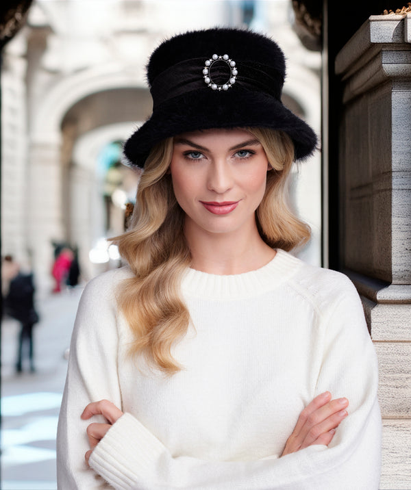 Esme - Black Chenille Cloche Hat with Brooch