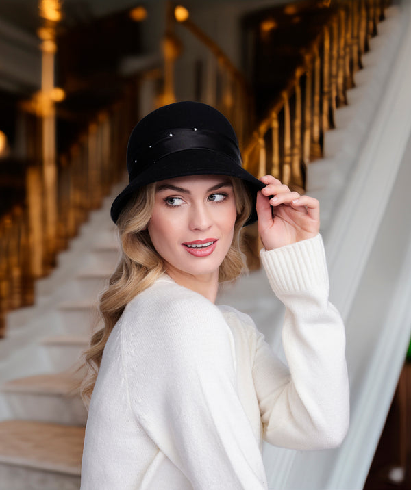 Estelle - Black Wool Cloche Hat with Pearls