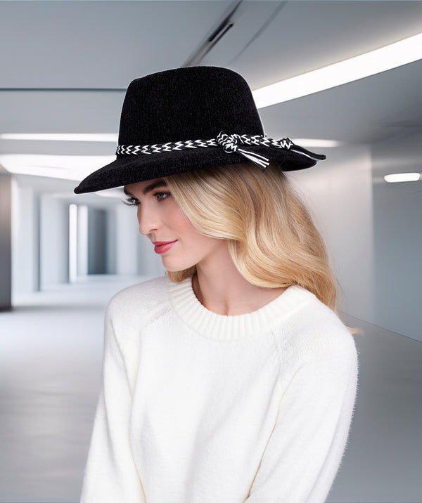 Everly - Black Chenille Fedora with Monochrome Braided Belt Embellishment
