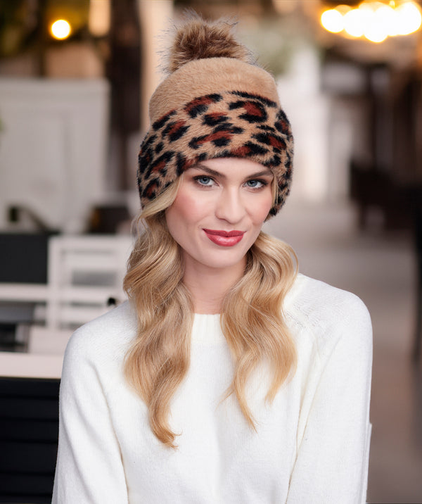 Felicia - Camel Leopard Print Beannie with Faux Fur Pom Pom