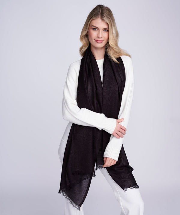 Hallie Scarf - Black Shimmer Occasion Scarf with Feather Fringes