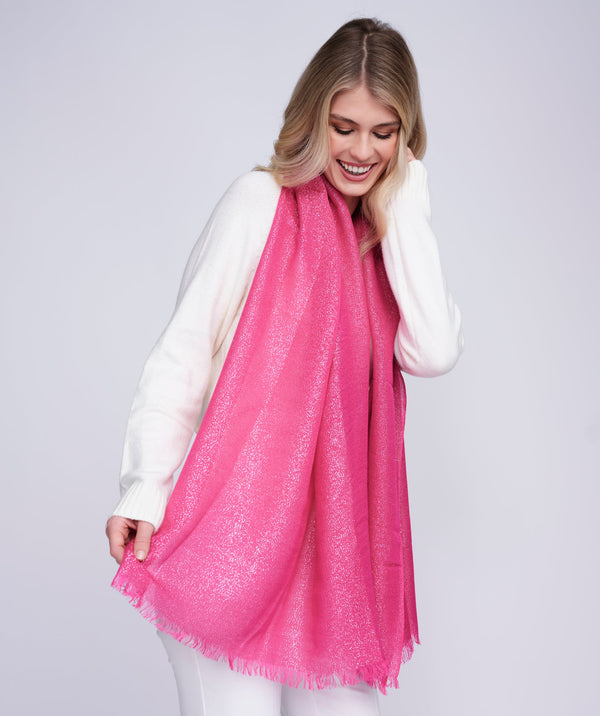 Hallie Scarf - Hot Pink Shimmer Occasion Scarf with Feather Fringes