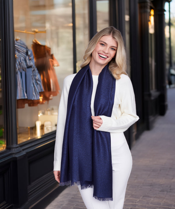 Hallie - Navy Shimmer Occasion Scarf with Feather Fringes