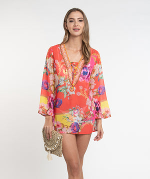 Orange Floral Print Midi Length Cover Up with Embellished Beading