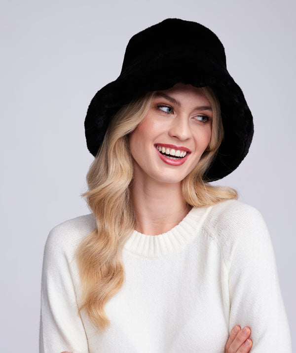 Hepburn - Black Faux Fur Downbrim Hat