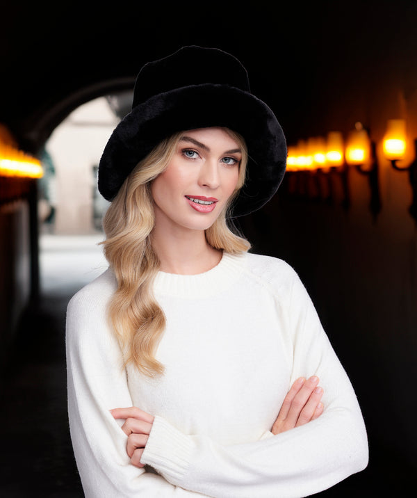 Hepburn - Black Faux Fur Downbrim Hat