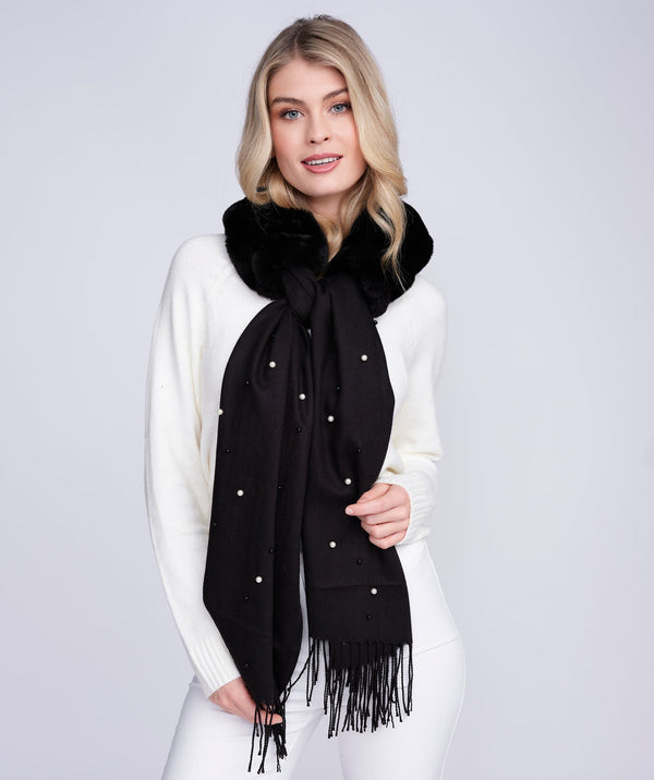 Houston - Black Pearl Embellished Faux Fur Scarf