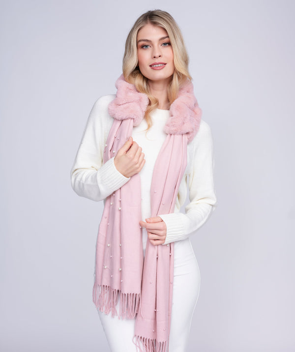 Houston - Blush Pink Pearl Embellished Faux Fur Scarf