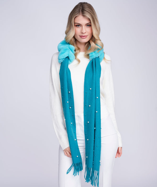 Houston - Teal Pearl Embellished Faux Fur Scarf