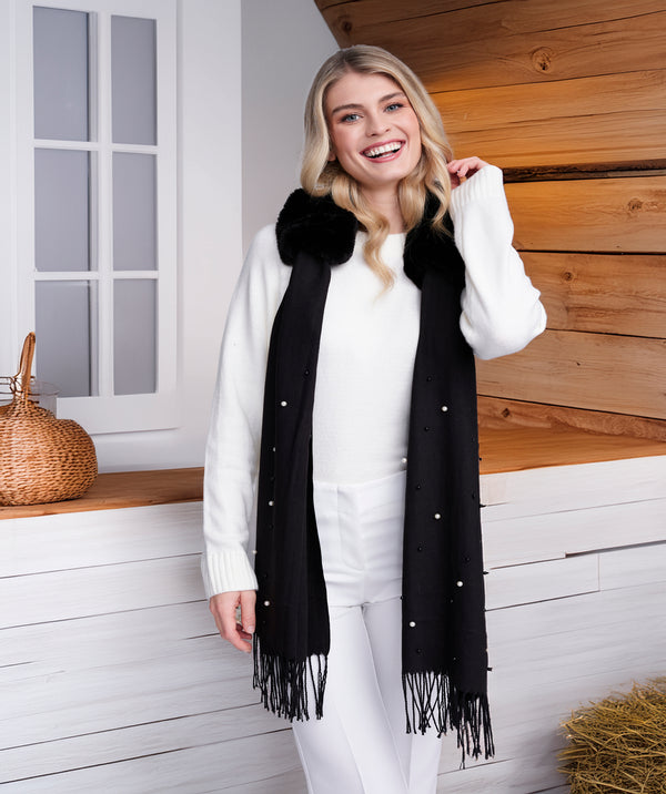 Houston - Black Pearl Embellished Faux Fur Scarf