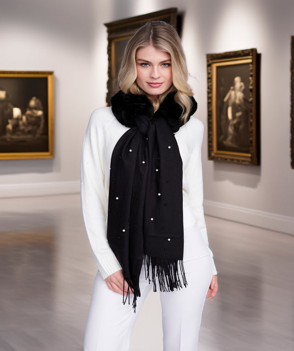 Houston - Black Pearl Embellished Faux Fur Scarf
