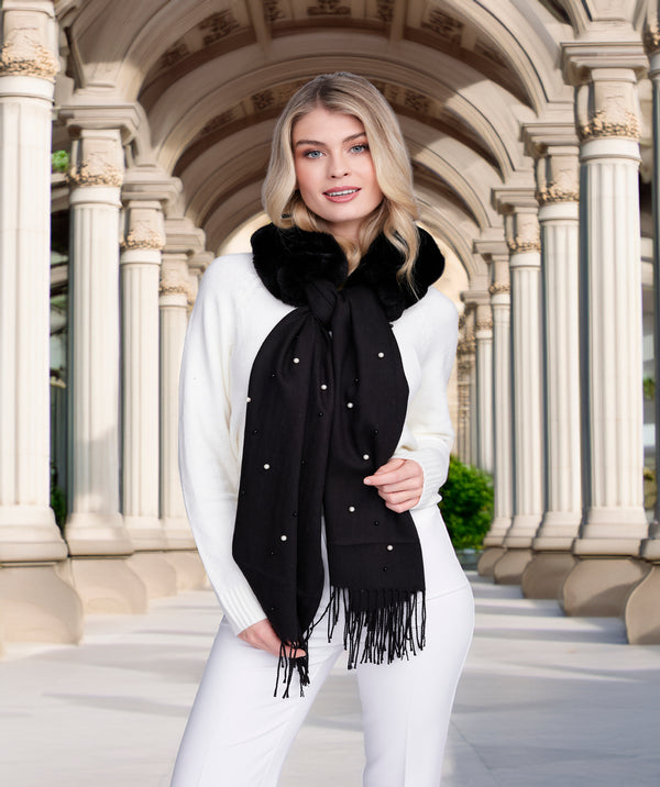 Houston - Black Pearl Embellished Faux Fur Scarf