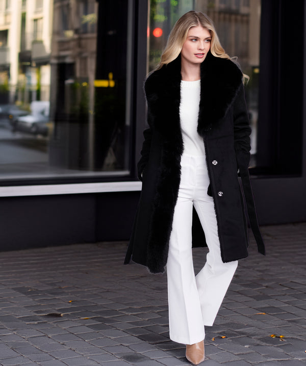 Isabella - Black Faux Suede Longline Coat with Faux Fur Trim