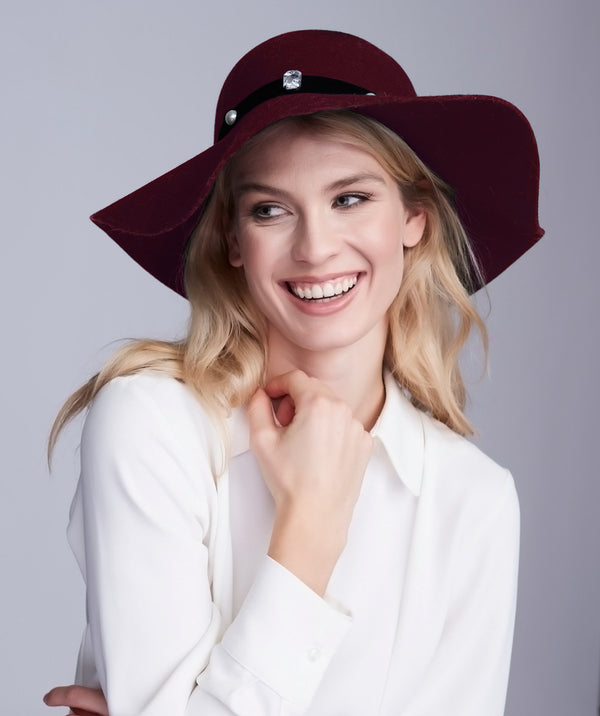 Ivanka - Burgundy Embellished Wool Felt Wide Brim Hat