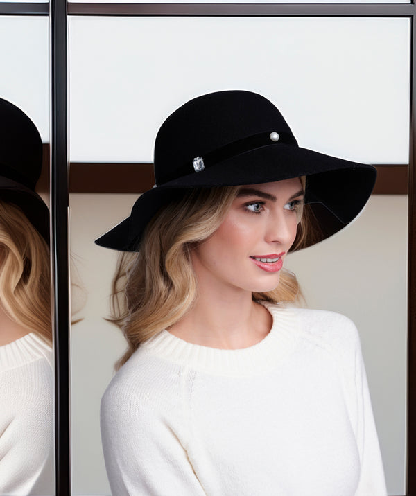 Ivanka - Black Embellished Wool Felt Wide Brim Hat