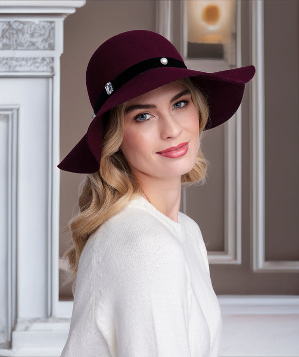 Ivanka - Burgundy Embellished Wool Felt Wide Brim Hat