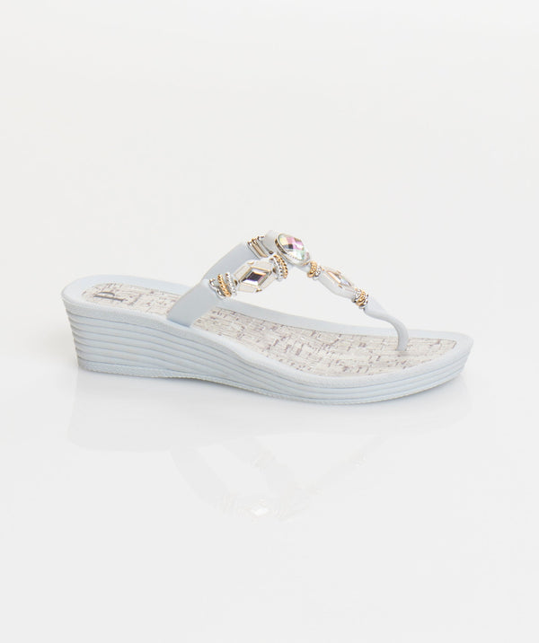 White Wedge Heel Pool Sandal with Jewelled Toe Post