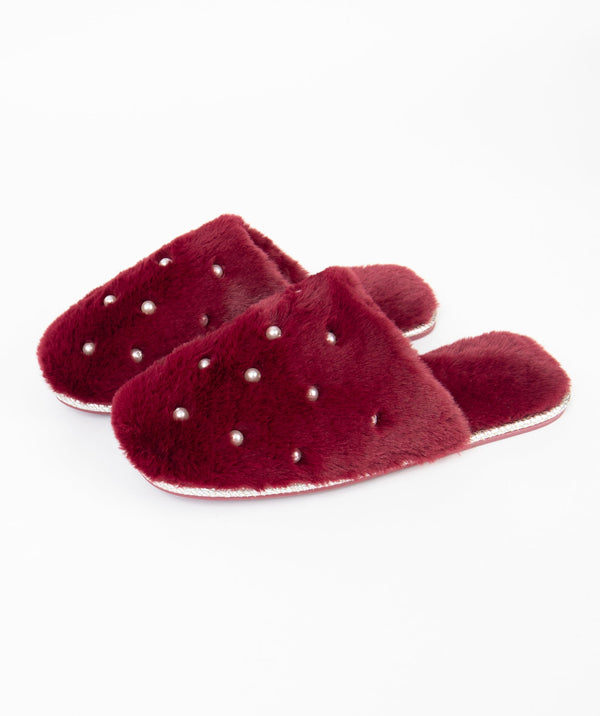 Jasmin - Black Faux Fur Slippers with Pearl Embellishment
