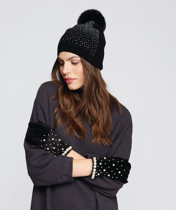 Kazia - Black Crystal Embellished Pom Pom Hat