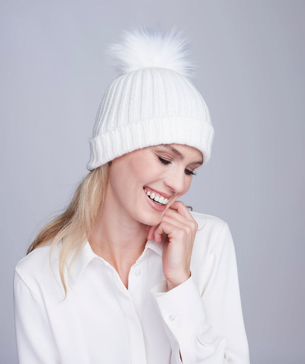 Kiara - Winter White Rib Knit Hat with Faux Fur Pom Pom