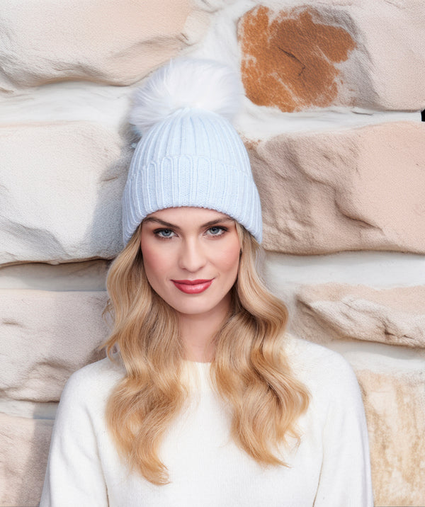 Kiara - Blue Rib Knit Hat with Oversize Pom Pom