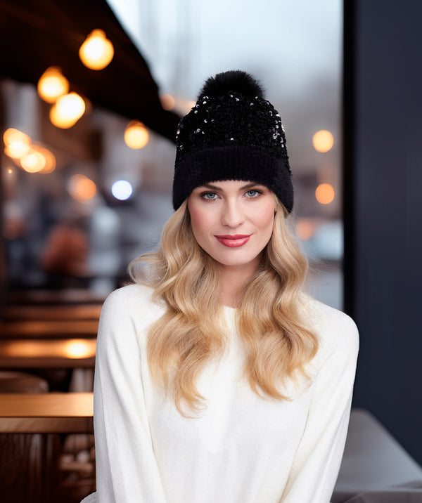 Kiaro - Black Sequin Beanie Hat with Faux Fur Pom Pom