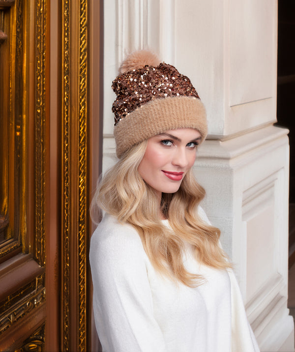 Kiaro - Gold Sequin Beanie with Faux Fur Pom Pom