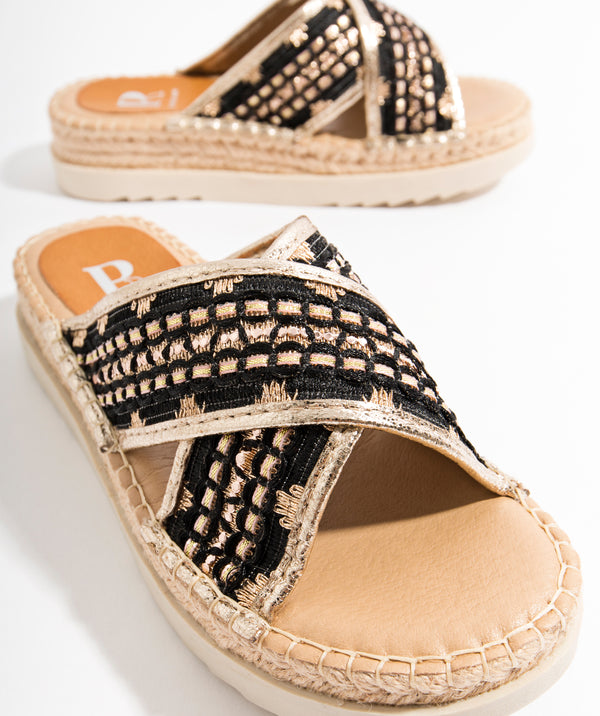 Women`s Embellished Slider Sandals - Black-Gold - Black/Gold, Footwear, Kiro, Sandal, Summer