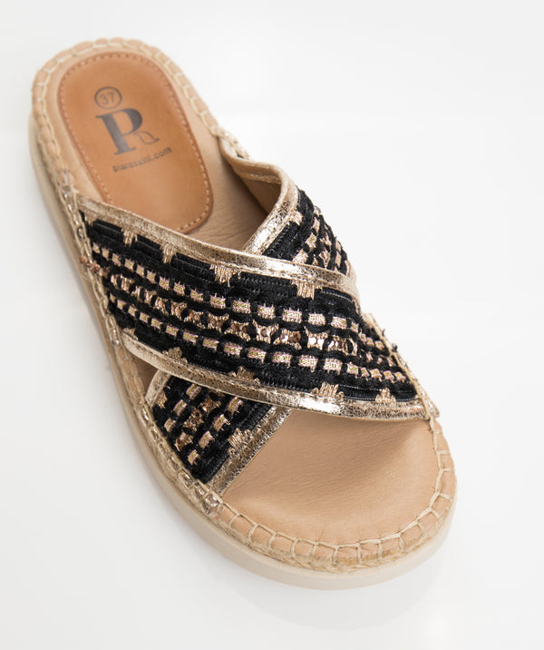 Women`s Embellished Slider Sandals - Black-Gold - Black/Gold, Footwear, Kiro, Sandal, Summer