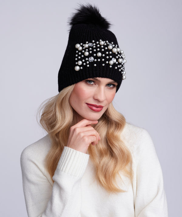Krystal - Black Pearl Studded Beanie Hat with Pom Pom