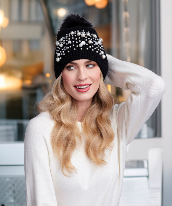Krystal - Black Pearl Studded Beanie Hat with Pom Pom