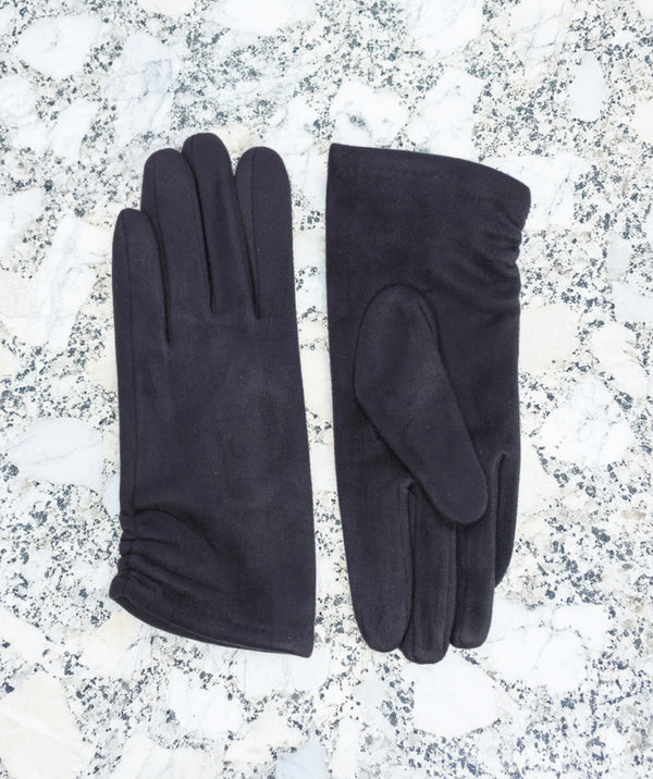 Laura - Navy Faux Suede Gloves with Ruched Cuffs