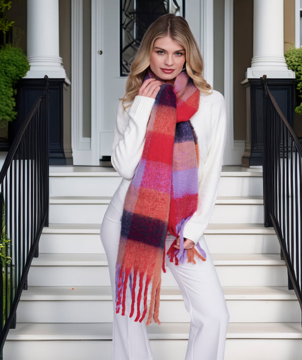 Leah - Multicoloured Checked Blanket Scarf with Twisted Fringes